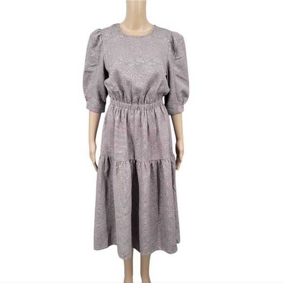 Current Air Taupe Floral Jacquard Puffed Sleeve Teired Midi Dress Back Cutout - Picture 1 of 10